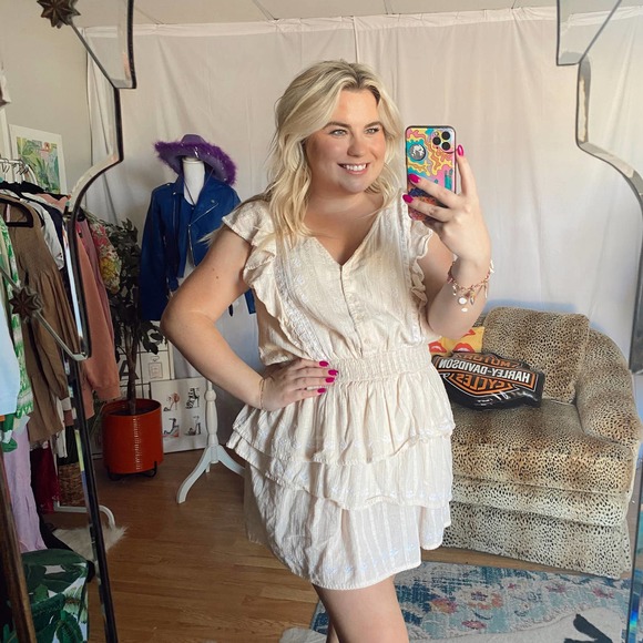 Love Sam Tiered Ruffle V-Neck Cap Sleeve Mini Dress Size Large - Picture 1 of 6